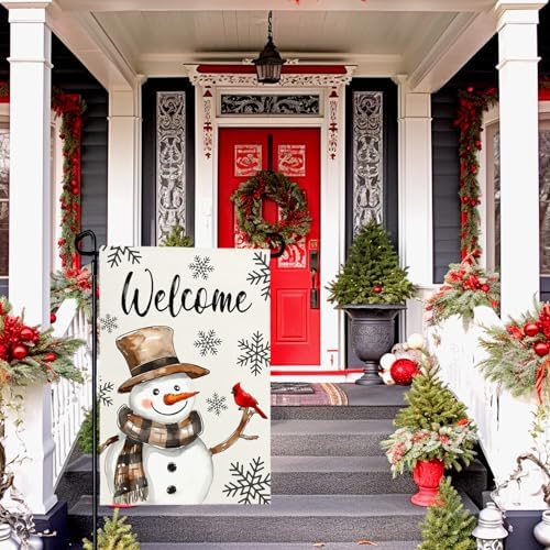 Winter Snowman Welcome Garden Flags Double Sided 12 x 18 inch Snowflakes Yard Flags Snow Burlap Garden Flag for Outside Yard Garden Porch Lawn Farmhouse Decoration