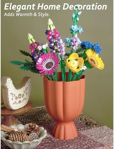 Bouquet Vase for Lego & Fresh Flowers - Flower Arrangement Vase with Grid & Ribbons, Impact Resistant, BPA-Free ABS Plastic, Home Decor Gift for Lego & Flower Lovers (Terracotta Orange)