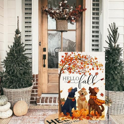 LosFong Hello Fall Dogs Garden Flag 12x18 Inch Double Sided Burlap Autumn Maple Leaves Pumpkin Farmhouse Small Yard Flag for Outside Decoration (Fall)