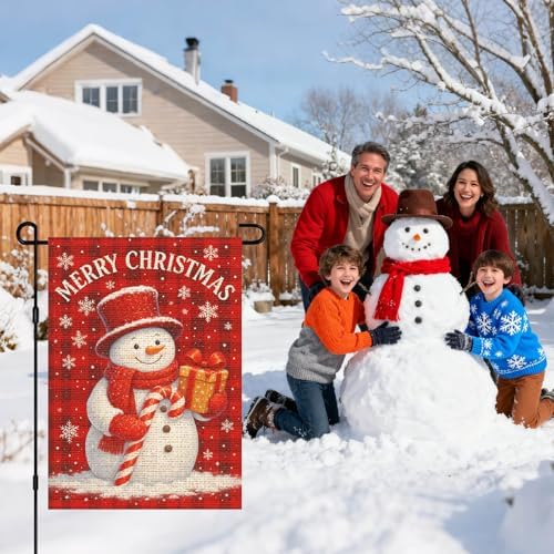 IVN Christmas Snowman Merry Christmas Garden Flag Yard Flag for Outside 12 x 18 Inch Double Sided Burlap Candy Cane Banner for Patio Lawn Home Outdoor Decoration