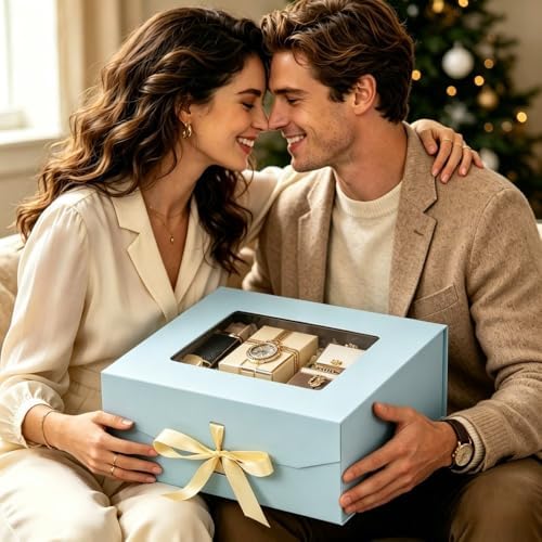 5 Pcs Blue Gift Box for Presents with Ribbon 13.2x11x5.3 Inches Clear Gift Box with Window Magnetic Closure Gift Boxes with Lids