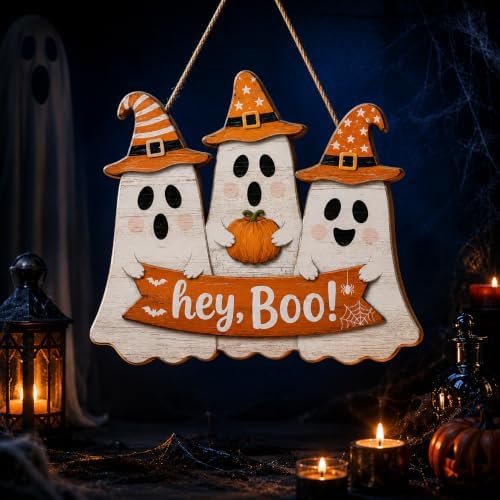 Halloween Ghost Door Sign, Wooden Hey Boo Hanging Wreath Pumpkin Door Decor