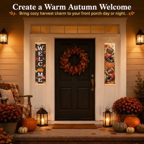 Welcome Fall Door Banner Set of 2, Pumpkin Porch Decor with Football Accent