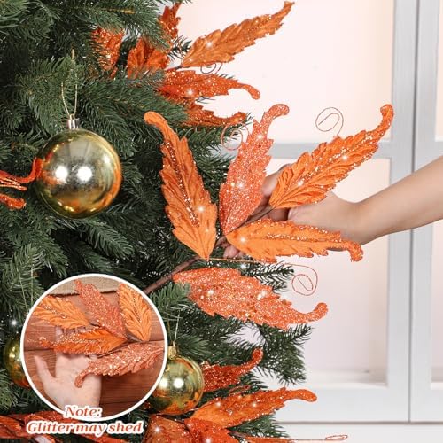 HyDren 10 Pcs Christmas Glitter Leaves Ornaments, Orange