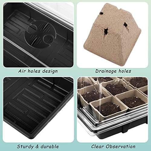 Hahood 4 Pack Seed Starter Tray Kit, 120 Square Seed Peat Pots for Seedlings with Plants Labels, Planting Tools, Plastic Growing Germination Trays with Lids for Indoor Outdoor Gardening, Black