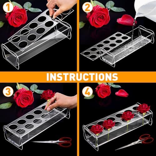 Jucoan 2 Pack Acrylic Flower Vase Rectangular, 12 x 4 Inch Long Low Clear Flower Vases with 12 Holes for Floral Arrangement, Home Office Wedding Party Table Centerpieces Decor