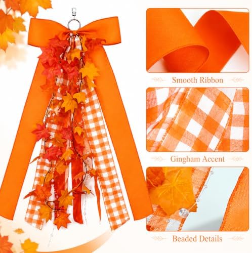 Fall Wreath Sash Front Door Ribbon Bow Large Orange Gingham Autumn Maple Leaves Thanksgiving Porch Decoration Streamer Hanging