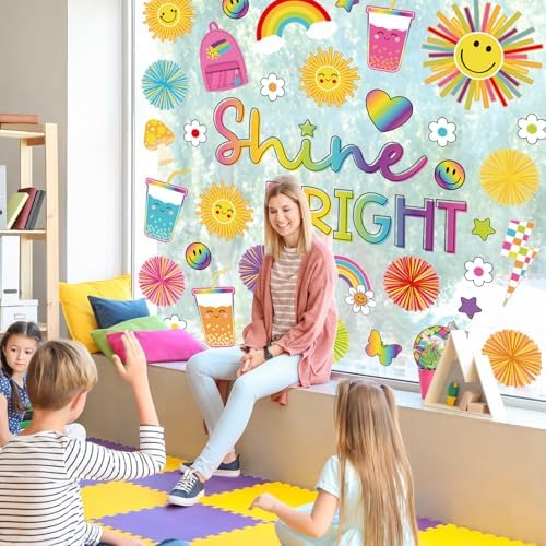 Whaline 9 Sheets Summer Cartoon Sun Window Cling Stickers Boho Sun Sunshine Window Decals Shine Bright Reusable Decoration for Back to School Party Home Classroom