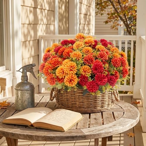 24 Pcs Artificial Mums Flowers for Outdoor, UV Resistant Fake fall Chrysanthemums Marigold Plant, Autumn Floral Arrangements for Outside, Garden, Yard (24, Orange, Burnt Orange, Red, Burgundy)