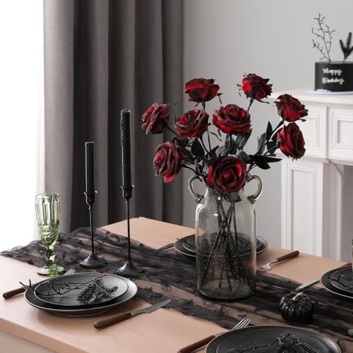 Nubry Artificial Silk Roses, 10pcs Fake Burgundy Roses Bouquet