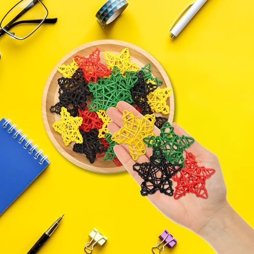 Lucleag 20Pcs Black Red Green Yellow Natural Rattan Star Ornament Vase Filler, African American Wicker Hanging Decor for Black History Month Juneteenth Kwanzaa Tree Home Table Decor Party Supplies