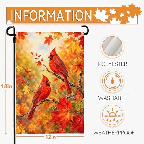 Fall Garden Flags 12x18 Inch Double Sided Cardinal Autumn Yard Flag Maple Leaf Thanksgiving Small Flags for Outside Lawn Outdoor Decor