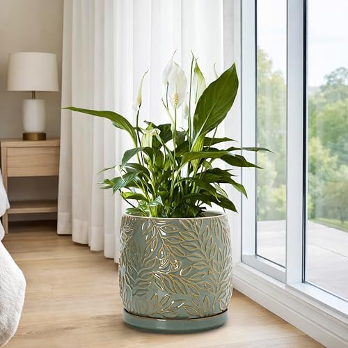 D'vine Dev Embossed Leaves Ceramic Planter, 8 in, Olive, 27-A-Q-0