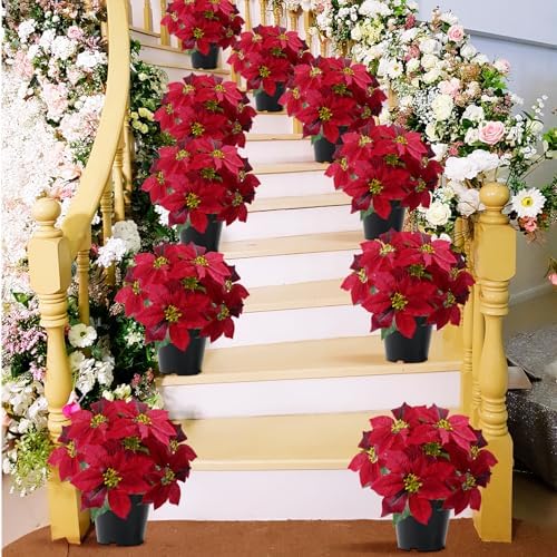 Artificial Poinsettia Plants Fake Christmas Flowers in Pot(Hot Red)