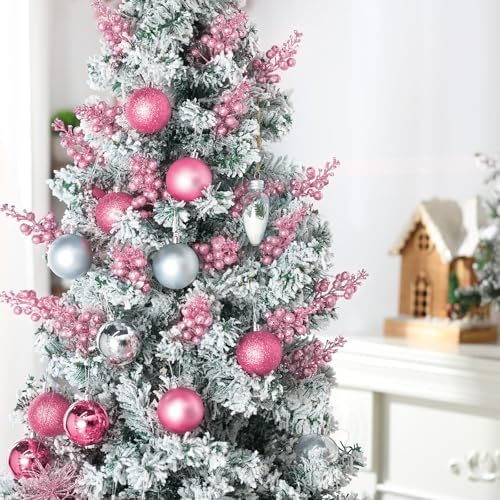 Geosar 36 Pcs Christmas Glittered Berries Stems, Pink