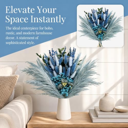 Umero Dusty Blue Pampas Grass Bouquet, 17" Boho Dried Flower Arrangement