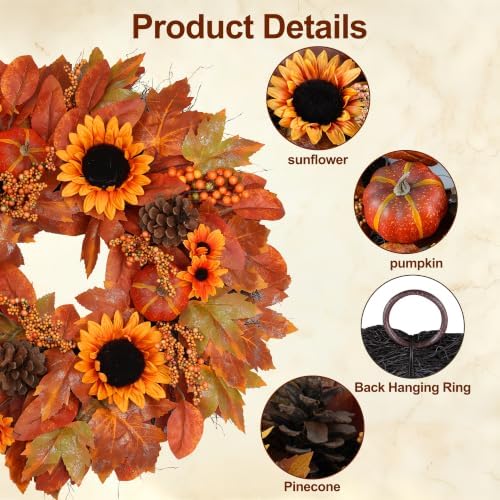 26" Fall Wreaths for Front Door Outside Sunflower Autumn Wreath