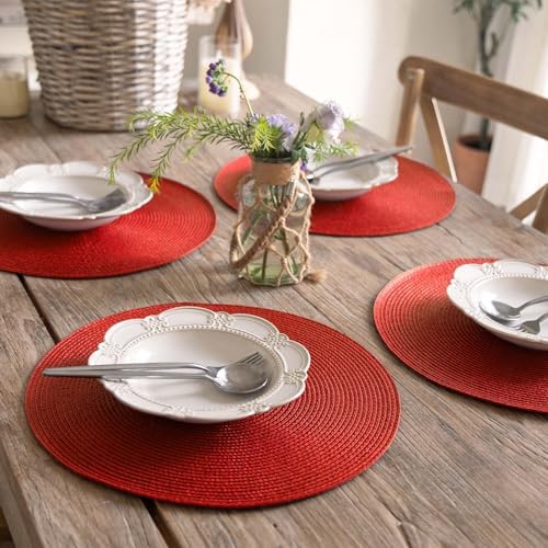 FunWheat Round Braided Placemats Set of 8 Place Mats for Dining Table Woven Washable Non-Slip Table Mats 15 Inch(Red,8pcs)