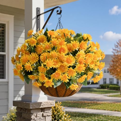 Artificial Fall Mum Flowers for Outdoor, Faux Chrysanthemum Bushes UV Resistant, Waterproof Floral Arrangements, Fake Autumn Daisy Flowers for Front Door Patio Garden Yard Planter Home Decor, Yellow
