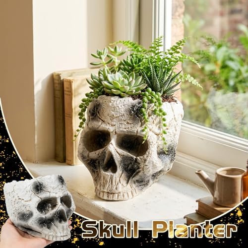 Wowagoga Halloween Resin Skull Flower Pot Planter Skull Head Bowl Decor