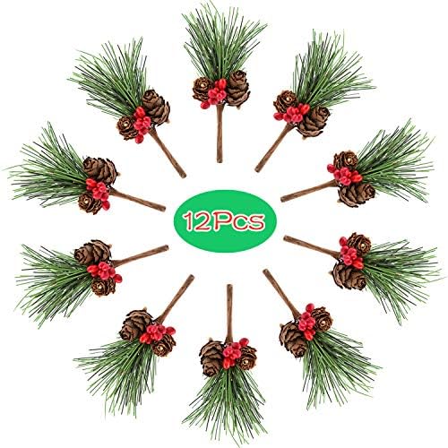 TUPARKA 12 PCS Artificial Pine Cone Picks Holly Berry Stems for Christmas