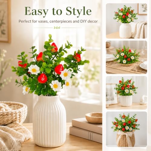 6 Pcs Artificial Strawberry Branches, Artificial Eucalyptus Flower Stems with Berries, Faux Greenery Daisy Picks for Vase Wreath Wedding Home Decor