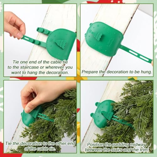 12 Pcs Christmas Railing Protection Garland Ties for Banister Holiday Silicone Garland Ties with Padding Prevents Scratches Wreath Hanging Fasteners for Staircase Seasonal Decor (Green)