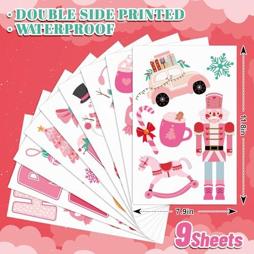 Whaline 9 Sheets Merry Christmas Window Cling Stickers Pink Cartoon Santa Snowman Penguin Reusable Window Decals for Xmas Winter Party Home Office Classroom Decoration