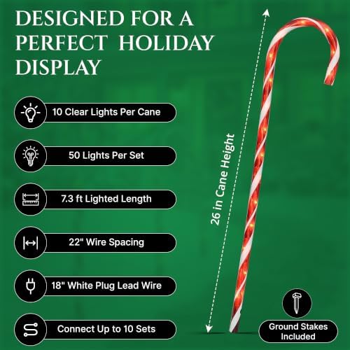 Pre-Lit Candy Cane Decorations -Pathway Christmas Lights, 26-Inches Tall (66 cm), Set of 5, Outdoor Christmas Decorations Yard Candycane Peppermint Lights - 2 Pack (Total 10 Lights)
