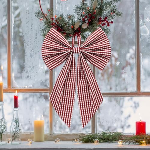 Suncalla 2 Pcs Red White Christmas Plaid Wreath Bows 18'' x 12''
