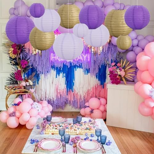 BEISHIDA Purple Gold Paper Lanterns 16Pcs 6/8/10 Inch Round Chinese Lamp