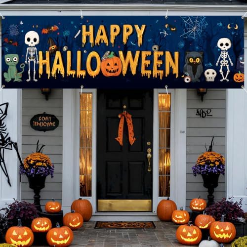 118"x35" Extra Large Happy Halloween Banner Big Spooky Halloween Backdrop for Giant Outdoor Yard Easy Hang with Ropes&Grommets–Perfect for Fence, Porch, Garden, Haunted House Party Signs (Monster Doodle, 118"x35")