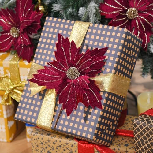 6 Pcs 12" Large Glitter Poinsettia Artificial Christmas Flowers with Stems Xmas Tree Wreath Ornaments New Year Home Wedding Party Decor (Burgundy)