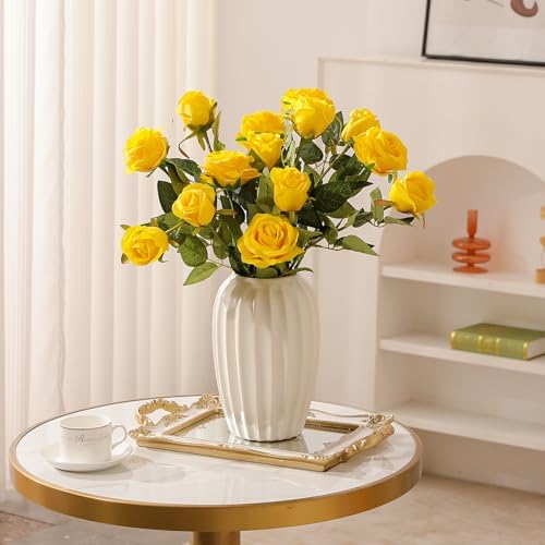 50PCS Artificial Silk Roses in Bulk & Bouquet Long Stem – Realistic Fake Roses for Wedding Centerpieces, Home Decor, Floral Arrangements, Party Decoration (Yellow)