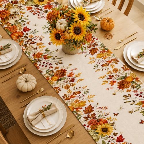 Fall Table Runner 13×72 in with Fall Decor Pumpkin, Sunflower&Leaf