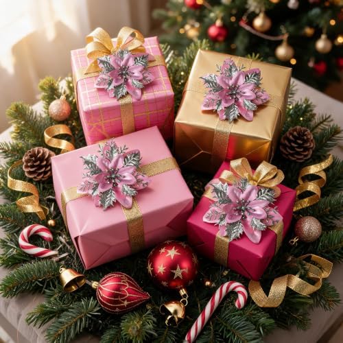 30PCS Artificial Christmas Poinsettia Flowers with Clips and Stems, 5.5 Inch Glitter Pink Xmas Tree Decorations, Holiday Poinsettia Picks Ornaments for Christmas Tree, Wreaths, Garlands & Home