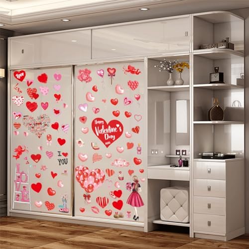 Valentine's Day Hearts Window Clings for Glass Window 7 Sheets 127 Pcs Happy Valentines Day Heart Window Stickers Decals Decorations Party Supplies for Wedding Anniversary Valentines