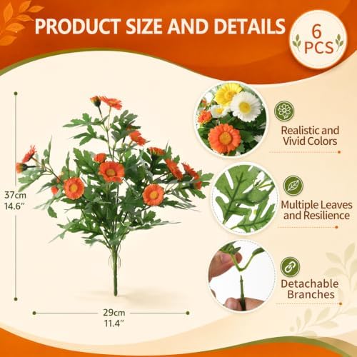 INQCMY Fall Artificial Mums Flowers for Outdoors Planter Fake Plants 6 PCS