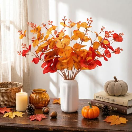 Laelfe Fall Eucalyptus Stems Leaves Branches Fake Flower Arrangement Farmhouse Decor (Fall Mixed Colors)