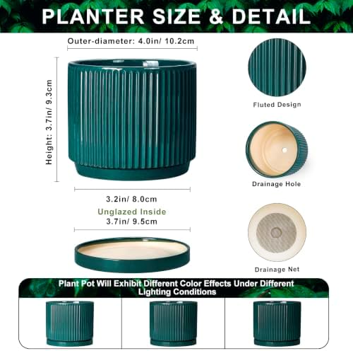 4 Inch Ceramic Pots for Plants, Plant Pots with Tray, Blackish Green