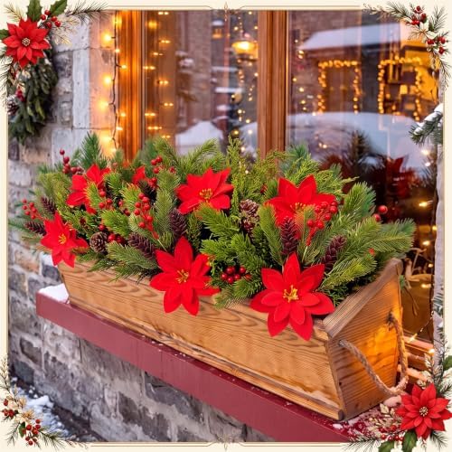24 Pcs Christmas Artificial Flower Plant Outdoor Window Decor, Green Plant