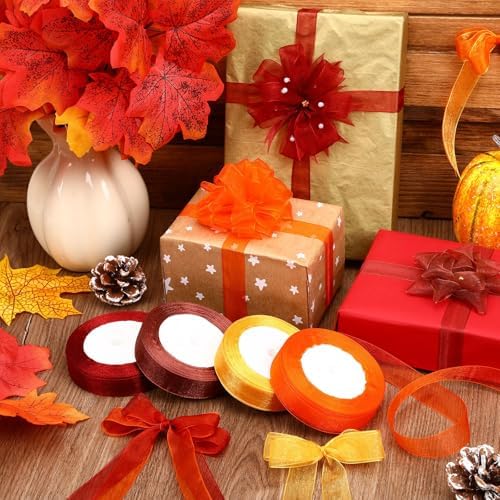 DECYOOL 4 Rolls 200 Yards Fall Organza Ribbons for Gift Wrapping Orange