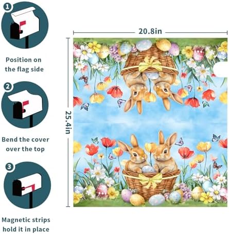 Easter Cute Bunny Eggs Mailbox Cover Magnetic Large Size 25.5 x21 Inch Easter Bunnies Flowers Mailbox Decoration Spring Holiday Mailbox Wraps Post Letter Box Cover for Home Outside Garden Yard Decor