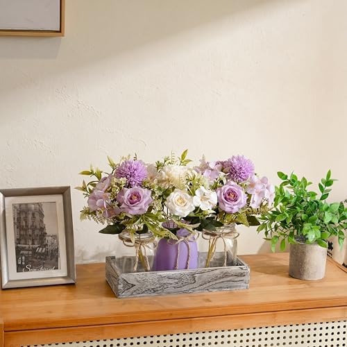 LUEUR Mason Jar Lights Centerpiece with Purple Rose in Wood Tray