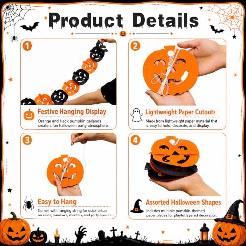 8 Pack Halloween Paper Garland Decoration Set, Pumpkin Ghost Paper Chain