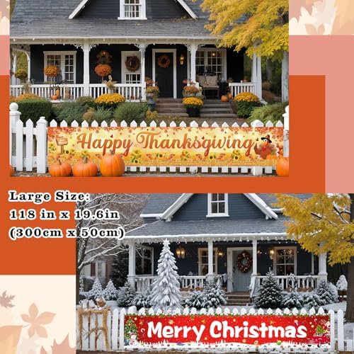 2Pcs Thanksgiving Yard Banner 118" x 19.7" Large Merry Christmas Decor Happy Christmas Thanksgiving Banner Outdoor Thanksgiving Fall Party Banners Decor Christmas Tree Elk Snowflake Hanging Banner