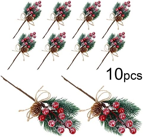 KLEWEE 10 PCS Christmas Berry Picks Glitter Christmas Picks and Sprays Artificial Pine Branches with Red Berry Stems Pine Cones Christmas Greenery for Crafts, Holiday Décor, Wreaths Xmas Decorations