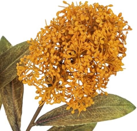 Briful 3PCS Faux Fall Flowers 22.8in Brunt Yellow Skimmia Spray Artificial Flower Branches Fake Fall Skimmia Stems for Autumn Home Vase Floral Arrangement Wedding Party Decor