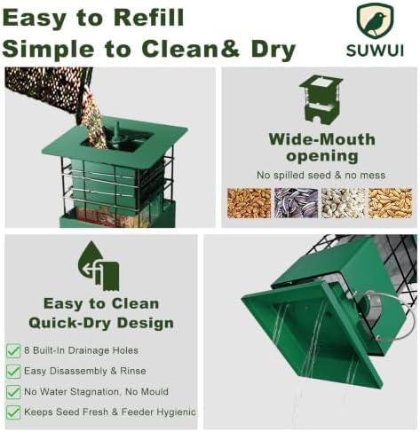 Squirrel Proof Bird Feeder, 3.5Lb Capacity Metal Bird Feeders for Outdoors Hanging, All-Weather Weight Activated Tube BirdFeeder with 4 Ports for Outside,Pigeon Resistant,Easy to Clean & Refill(Green)