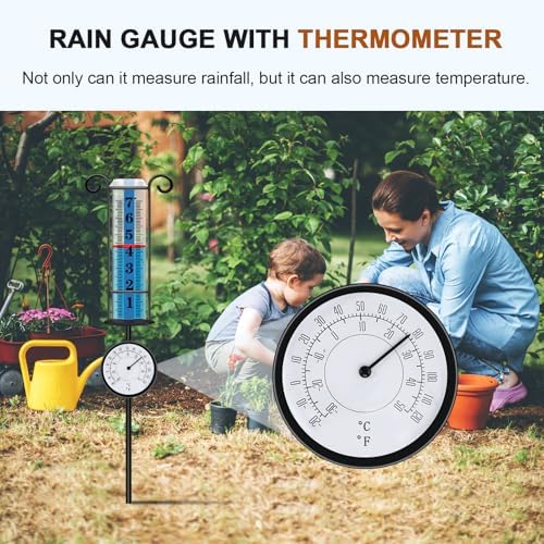 JMBay Rain Gauge Outdoor with Thermometer, Rain Gauges Outdoors Best Rated, Large Font Rain Measure Gauge for Yard, Rain Water Meter with Thickened Plastic Tube and Duralbe Metal Stake for Patio,Lawn
